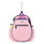 Front view of blush pink quilted kids tennis backpack with navy trim and zippers.