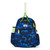 Front view of navy camo kids tennis backpack with lime green zippers.