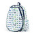 White kids tennis backpack with navy trim and blue and green racecars printed on the fabric. There is a tennis racquet in the front pocket.