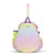 Front view of kids tennis backpack with rainbow ombre color. Backpack has water bottle and tennis balls in side pockets.