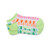 Pair of white socks with lime green heels and toes. Rainbow racquets are printed around the socks.