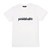 White t-shirt lays flat on a white background with the word pickleball embroidered in navy on the front in cursive