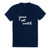 Navy t shirt lays flat on a white background with the words "game set match" embroidered on the front in white