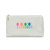 Front view of small everyday pouch with top zipper. Pouch is light green with rainbow racquets printed across front.