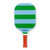 Blue and green striped pickleball paddle with tan faux leather handle