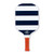 Navy and white striped pickleball paddle with tan faux leather handle.