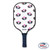 White base color pickleball paddle with navy and rainbow stiped paddles printed on front. Paddle has navy and blue handle