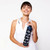 woman holds navy water bottle with the word golf in cursive repeating pattern on bottle.