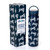 navy water bottle with the word golf in cursive repeating pattern on bottle with matching box next to it