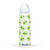 White water bottle with repeating green tennis balls and navy love text pattern on the bottle.