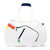 Front view of white pickleball tote with navy trim and green zipper pulls. Tote had front paddle pocket.
