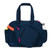 Front view of navy pickleball tote with hot pink zipper pulls. Tote has pickleball paddle shaped front pocket and side pockets for water bottles.