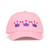 Front view of light pink kids baseball hat with purple crowns and tennis balls embroidered on front.