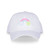 Front view of white kids baseball hat with rainbow and tennis ball embroidered on front