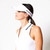 woman wearing white visor with navy rainbow crossed paddle pattern repeat