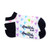 pair of white kids socks with navy heel and toes and rainbow hearts stitched on sock