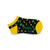 pair of navy kids socks with yellow heel and toes with lightning bolt and tennis ball pattern stitched on sock