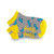pair of grey kids socks with yellow heel and toes with blue skateboards stitched on