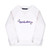 flat laying white kids sweatshirt with the word tennis star embroidered in purple cursive font on front