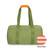 army green duffel with orange cap on the straps with swatch next to it to show that it has orange and white interior stripes