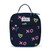 front view of navy kids lunch box with green heart shaped tennis ball pattern