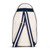 Back view of Hamptons pickleball sling bag. Bag has front mesh pocket and slip pocket on front to hold pickleball paddles. Bag has navy trim and navy and white striped straps. Bag has adjustable straps to be worn as a backpack or a crossbody.