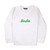 White sweatshirt lays flat on white background with green text reading birdie embroidered on the front