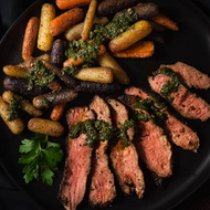 Flat iron steak with carrots and parsley pesto