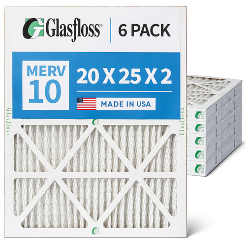 20x25x2 MERV 10 ( FPR 6-7 ) Pleated 2" Inch Air Filters for HVAC Systems by Glasfloss.  6 Pack