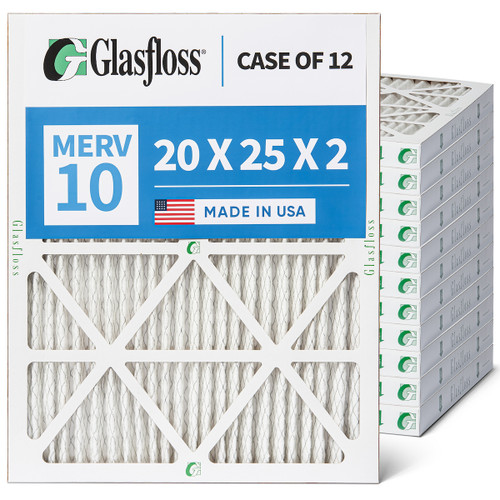 20x25x2 MERV 10 ( FPR 6-7 ) Pleated 2" Inch Air Filters for HVAC Systems by Glasfloss.  Case of 12