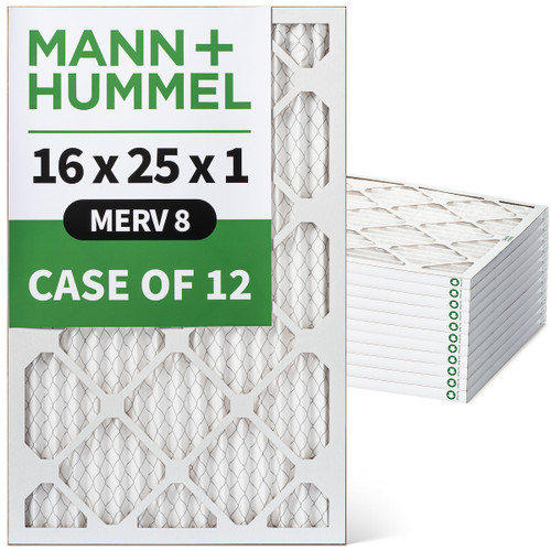 16x25x1 MERV 8 ( FPR 5-6 ) Pleated HVAC Filters for AC and Furnace by Mann+Hummel. Case of 12