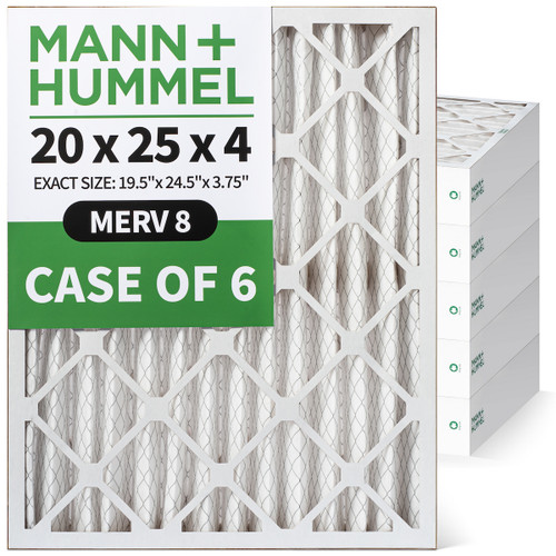 20x25x4 MERV 8 ( FPR 5-6 ) Pleated 4" Inch HVAC Filters for AC and Furnace by Mann+Hummel. Case of 6.   Exact Size: 19-1/2 x 24-1/2 x 3-3/4
