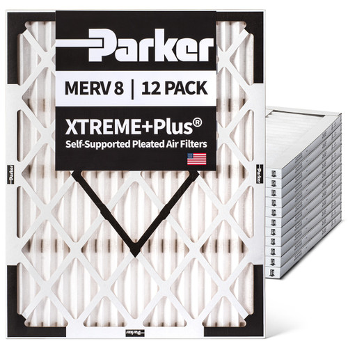 Parker 20x25x1 MERV 8 Xtreme Plus Self-Supported Pleated Air Filters.  Case of 12.  Actual Size: 19.5x24.5x0.75