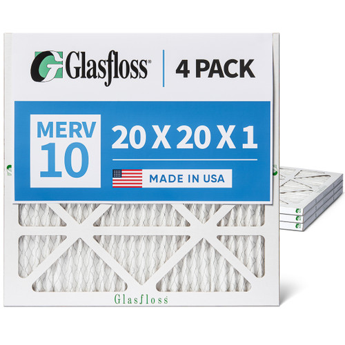 20x20x1 MERV 10 ( FPR 6-7 ) Pleated Air Filters for HVAC Systems by Glasfloss.  Box of 4