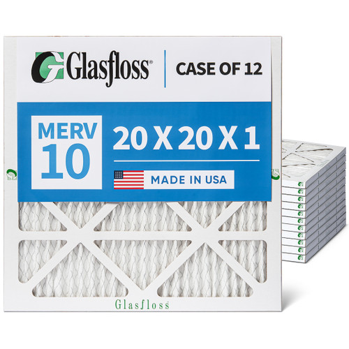 20x20x1 MERV 10 ( FPR 6-7 ) Pleated Air Filters for HVAC Systems by Glasfloss.  Case of 12