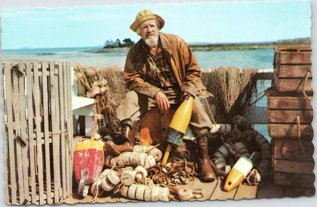 Old Fisherman with lobster trap, dory and net New England Atlantic