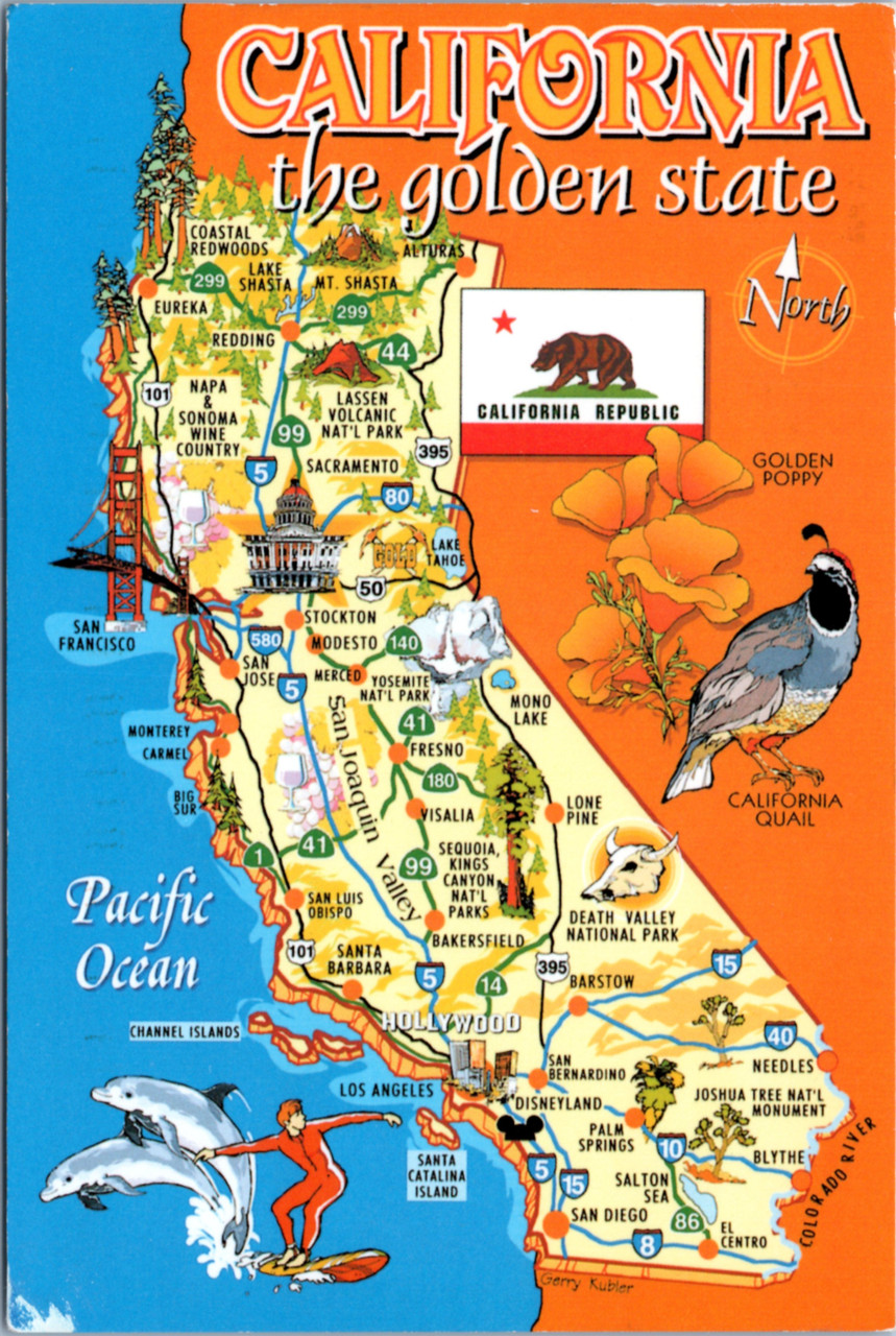 California Map - map, state flower, bird, flag (36-23-232) - The