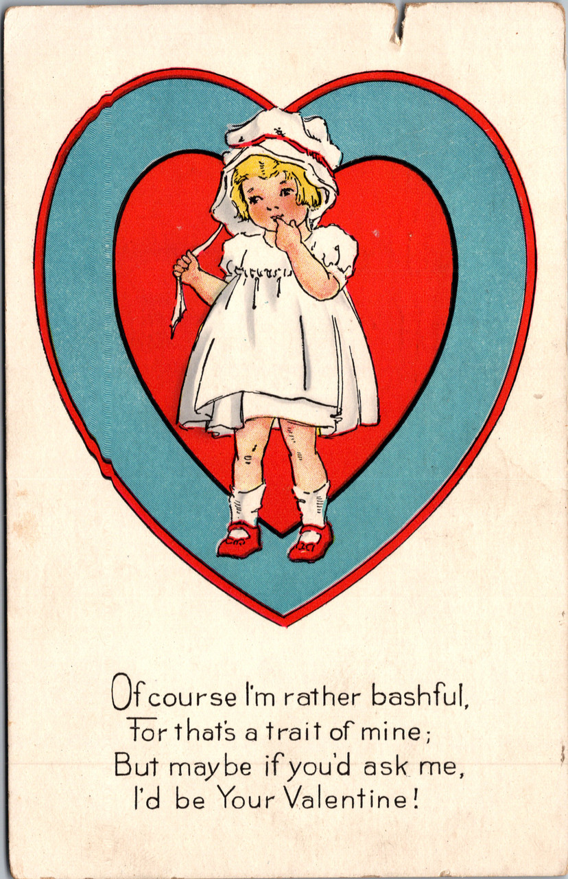 Little girl in white dress and bonnet inside red and blue heart Bashful