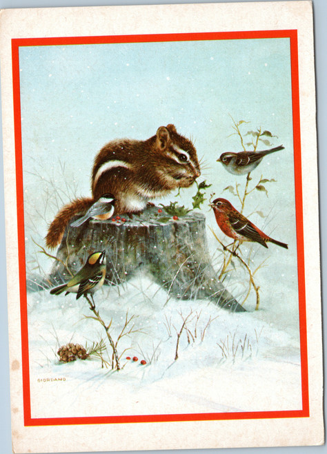 Season's Greetings - Chipmunk and Birds on tree stump
