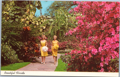 Women in Yellow Dresses walking through Azaleas at Sunken Gardens, St Petersburg Florida