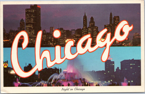 Chicago - nightime view of skyline and Buckingham Fountain