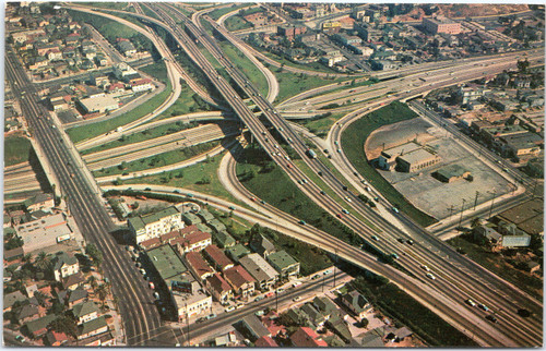 Aerial Los Angeles Freeway System showing Downtown