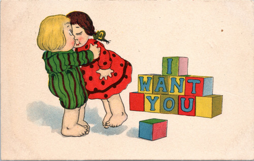 Children kissing letter blocks I Want You - Series 220