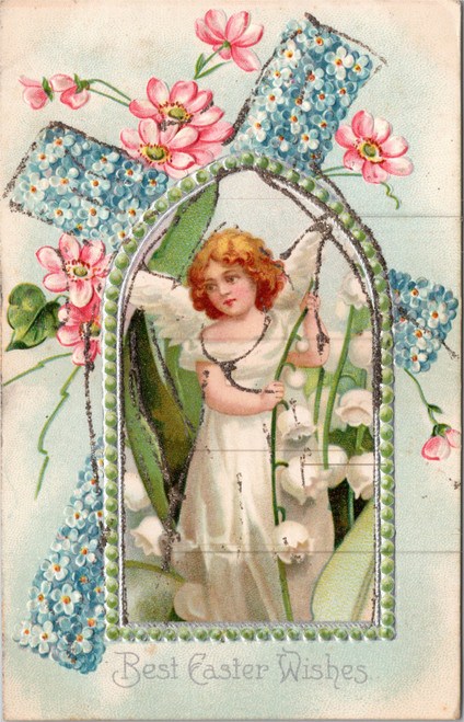 Best Easter Wishes - child angel with flowers framed window and cross