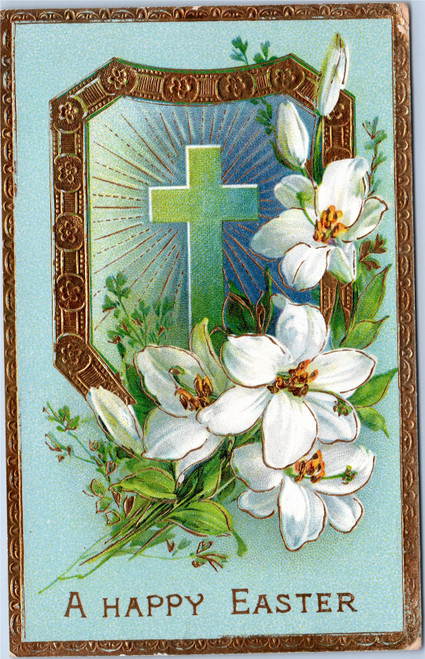 A Happy Easter - cross with lillies and gold border