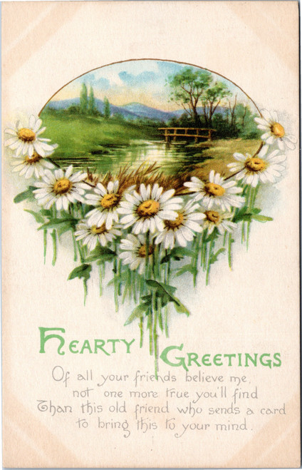 Hearty Greetings - River Scene framed in daisies