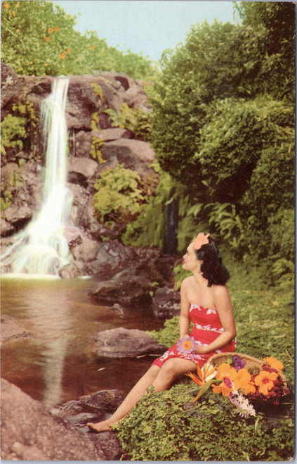 Island Girl with flowers admiring waterfall Union Oil 76 Gas See Hawaii