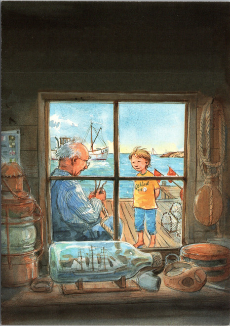 Grandfather teaching child to tie knot (drawing) nautical