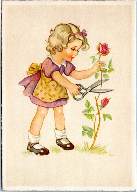 Girl in pink/lavendar dress cutting roses