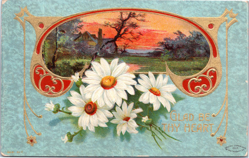 Glad be Thy Heart, embossed flower, sunset scene